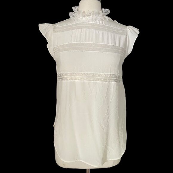 Sandro Paris ivory Silk Flutter Blouse Top Sz 1 Small Lace Trims Ruffled Neck - Picture 1 of 14